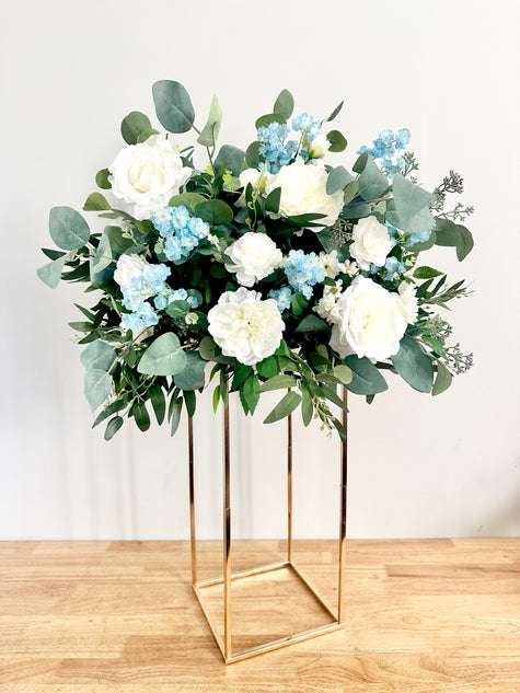 White & Dusty Blue Tall Centerpiece