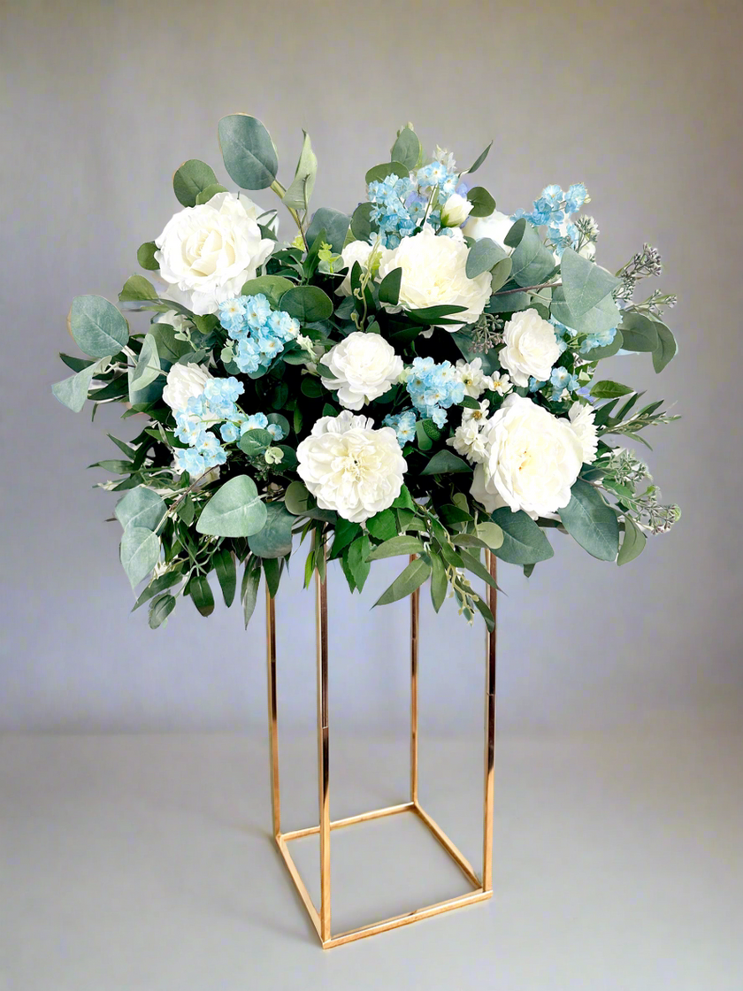 White & Dusty Blue Tall Centerpiece- Rental
