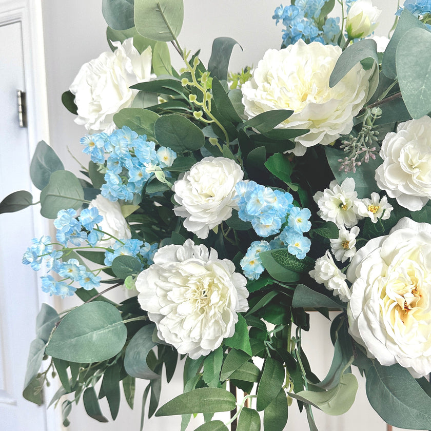 White & Dusty Blue Tall Centerpiece- Rental