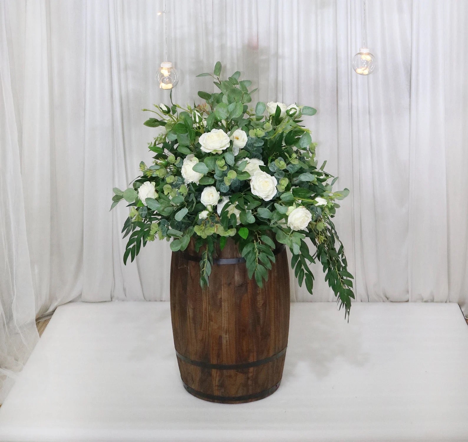 Barrel/Altar Arrangement- Greenery & White