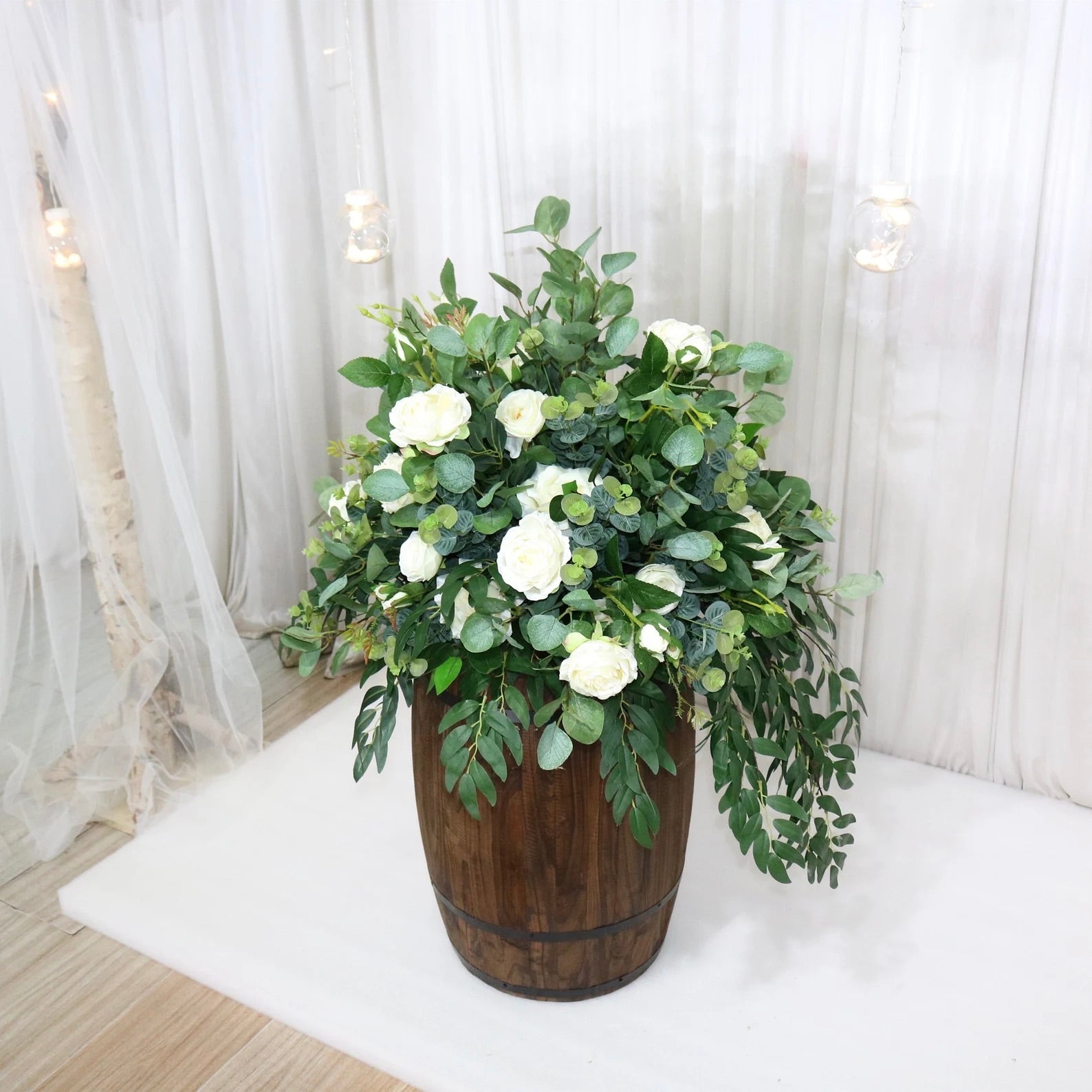 Barrel/Altar Arrangement- Greenery & White